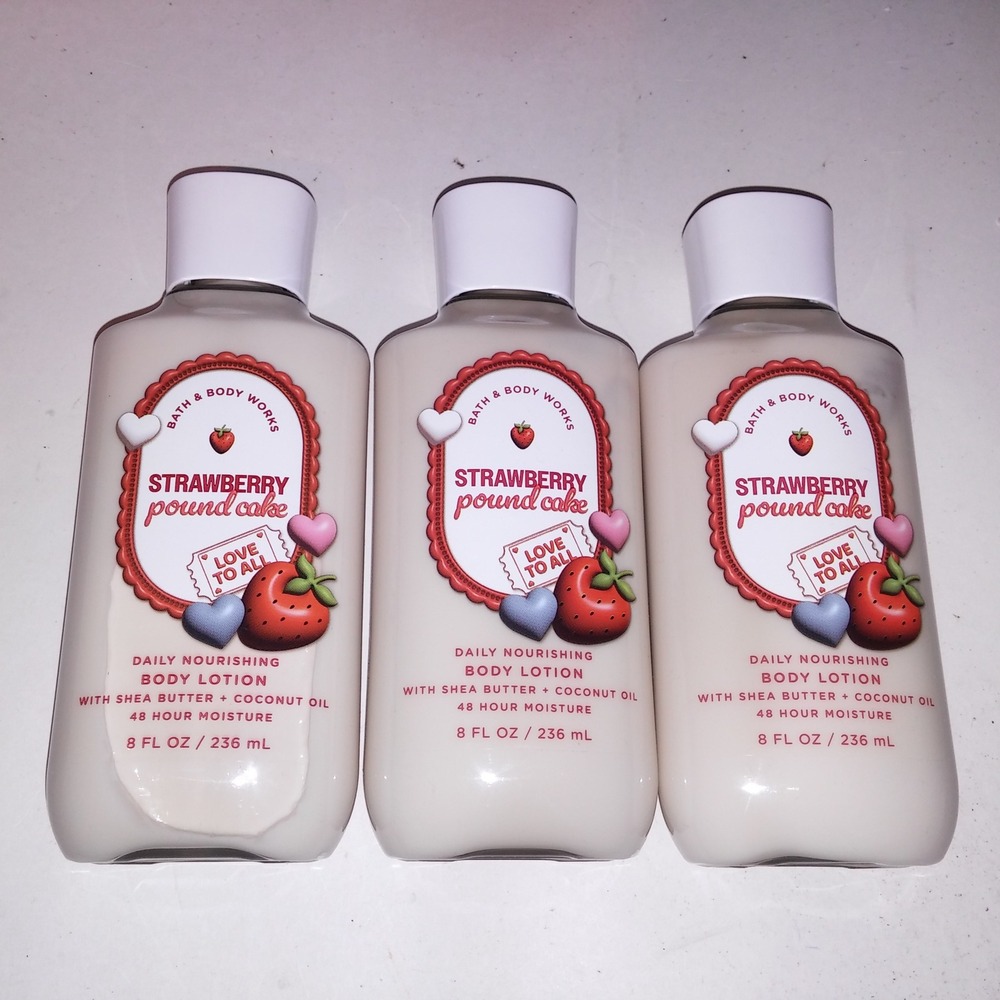 Set of 3 Bath and Body Works Strawberry Pound Cake Lotion Gift Set Full Size New